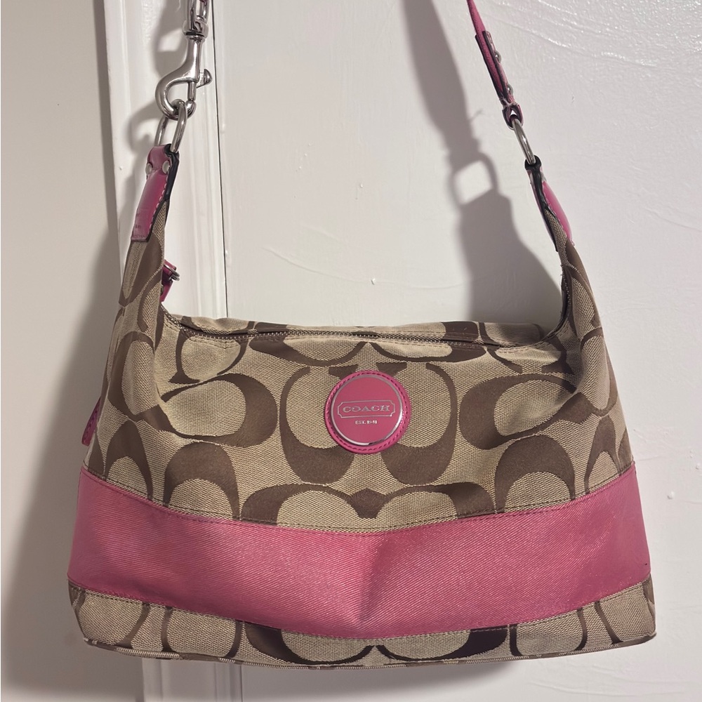 Coach Khaki Signature Canvas Shoulder Bag with Pink Trim